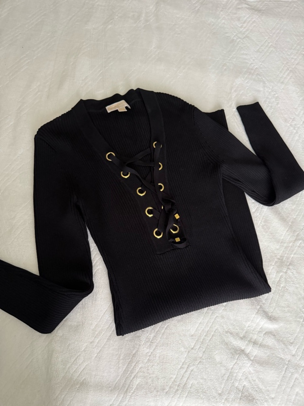 Michael Kors Black Long Sleeve Lace-Up Knit Top with Gold Eyelets
